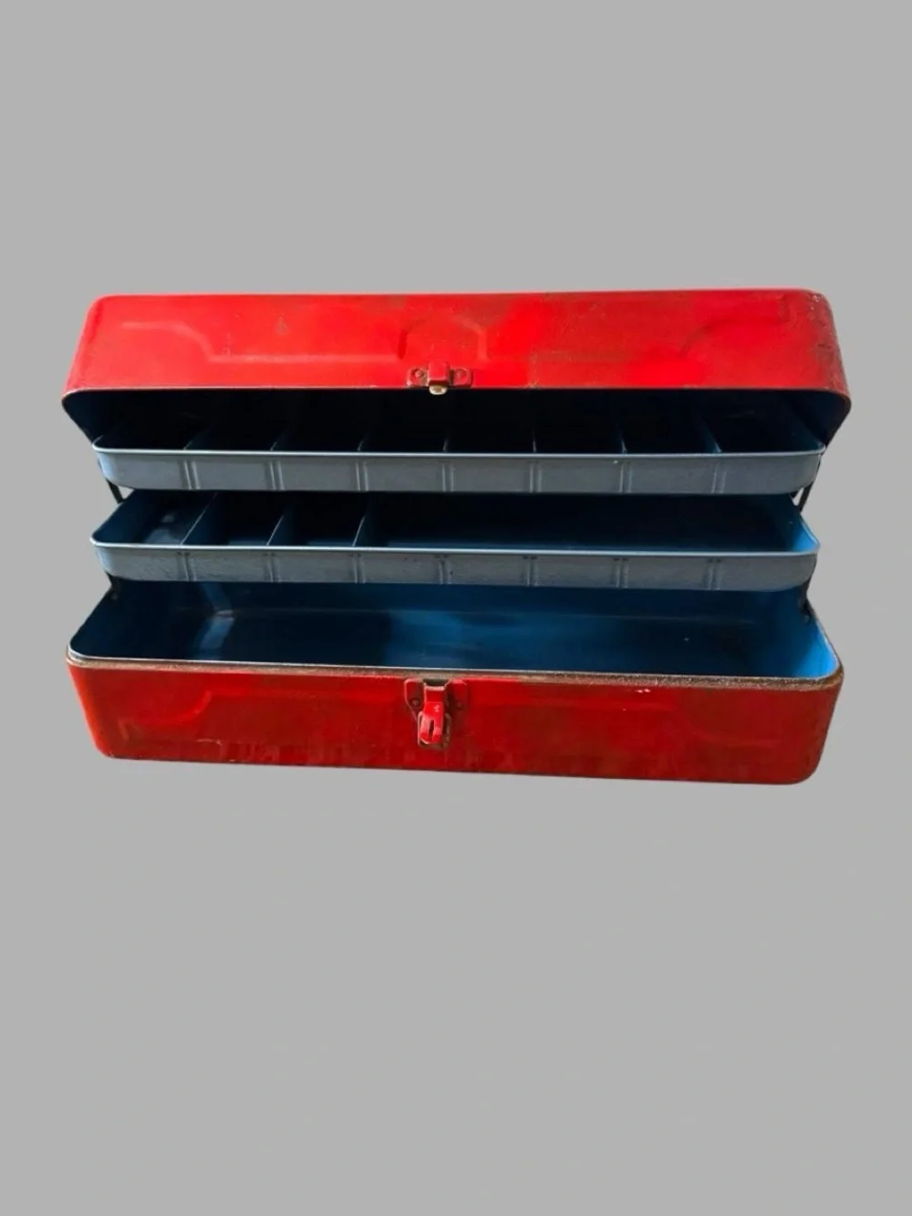 Vintage red metal cantilever toolbox – Blue tiered trays industrial storage